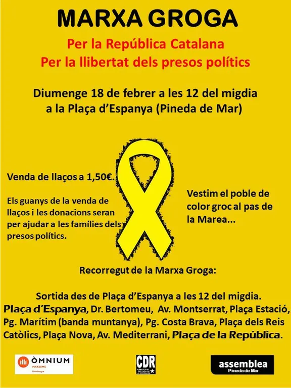 Marxa groga a Pineda i Calella per demanar la llibertat dels presos, al complir-se 4 mesos d'empresonament