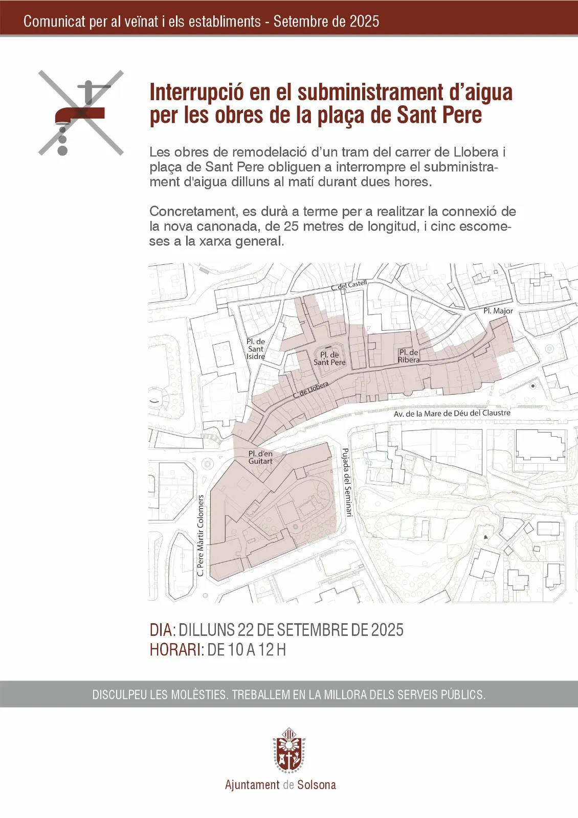 Dilluns al matí hi haurà un tall d'aigua per les obres de la plaça de Sant Pere