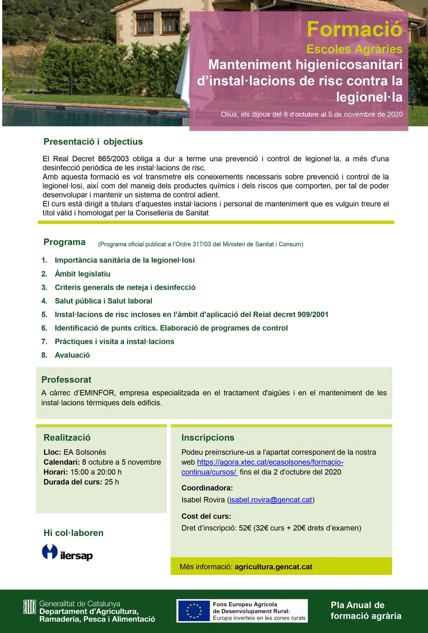 L'Escola Agrària del Solsonès organitza un curs de manteniment d'instal·lacions de risc contra la legionel·la