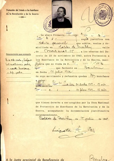 L’Arxiu Municipal mostra un expedient de 1944 per rebre un ajut d’orfandat a causa de la Guerra Civil