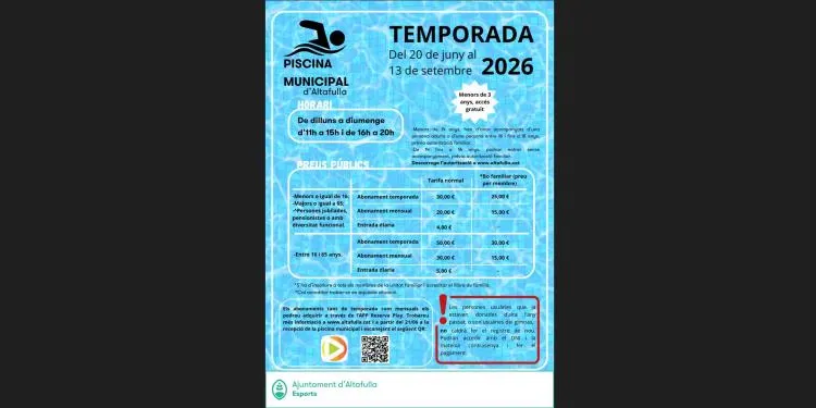 La Piscina Municipal d’Altafulla obrirà el 20 de juny fins al 13 de setembre