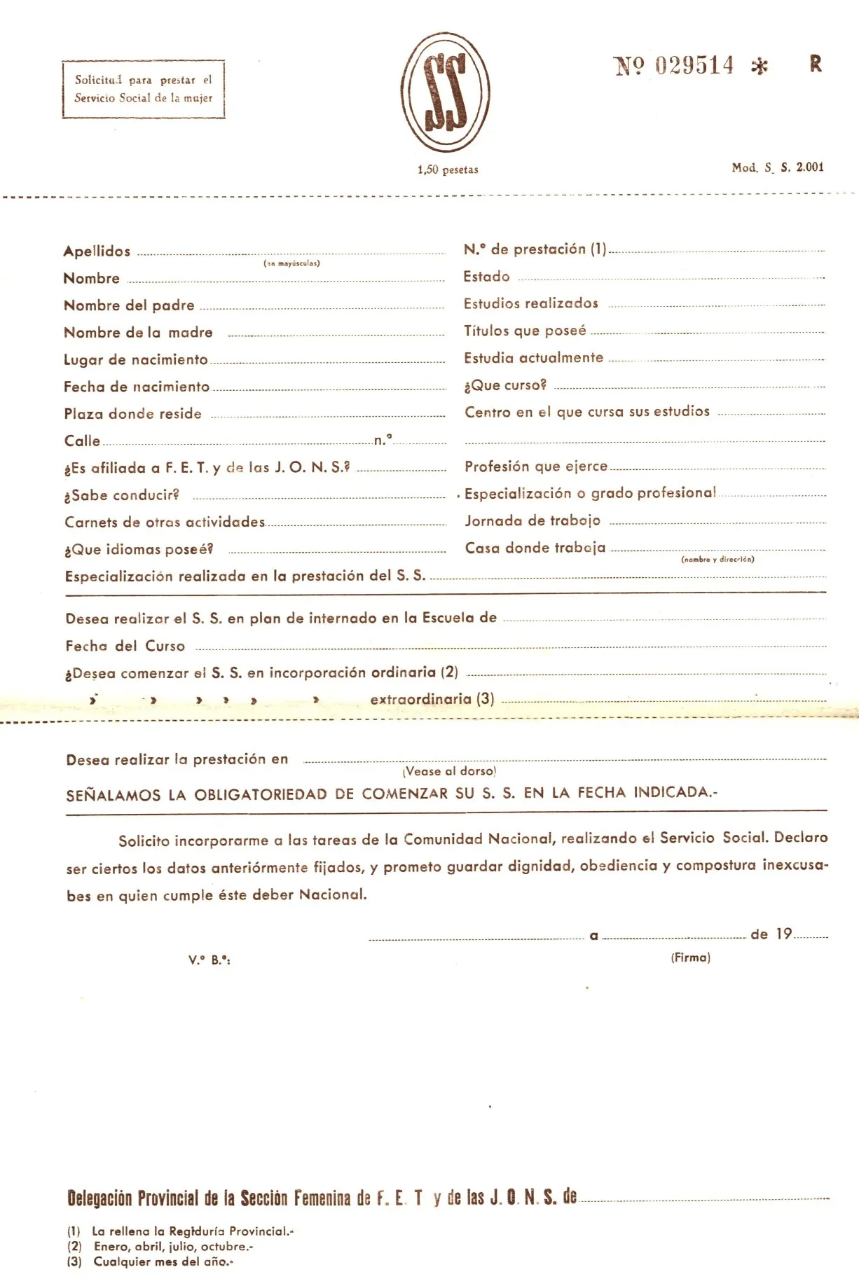 L’arxiu municipal mostra una sol·licitud per prestar el Servei Social Femení, obligatori fins el 1978 perquè les dones poguessin optar a una feina remunerada o un títol acadèmic