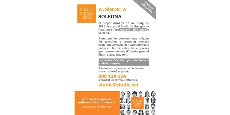 El Síndic de Greuges atendrà veïns i entitats de Solsona telemàticament
