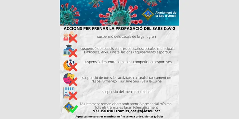 L’Ajuntament de la Seu d’Urgell decreta mesures preventives, de protecció i organitzatives pel Covid-19