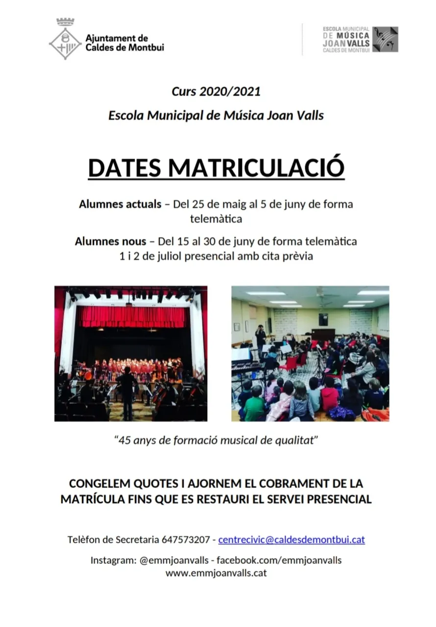 Dilluns s'obrirà el període de matrícula a l'Escola de Música Municipal