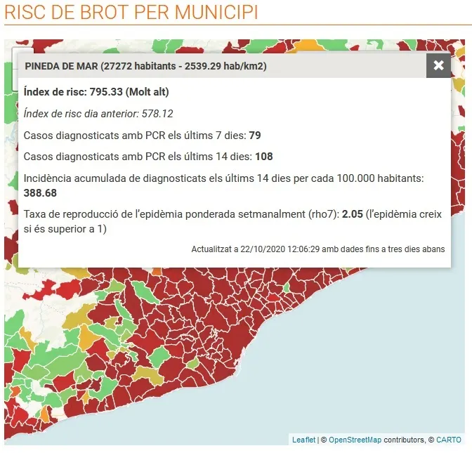 L'Índex de risc de brot, molt alt a l'Alt Maresme. A Pineda, l'índex puja fins a 795,33