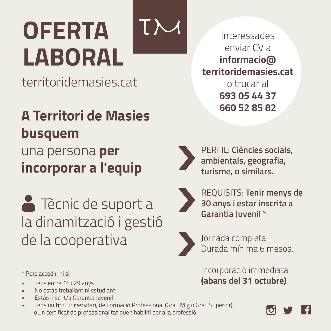 Territori de Masies busca un jove de Garantia Juvenil per incorporar al seu equip