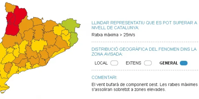 Protecció Civil activa la fase d'alerta PROCICAT per fortes ventades