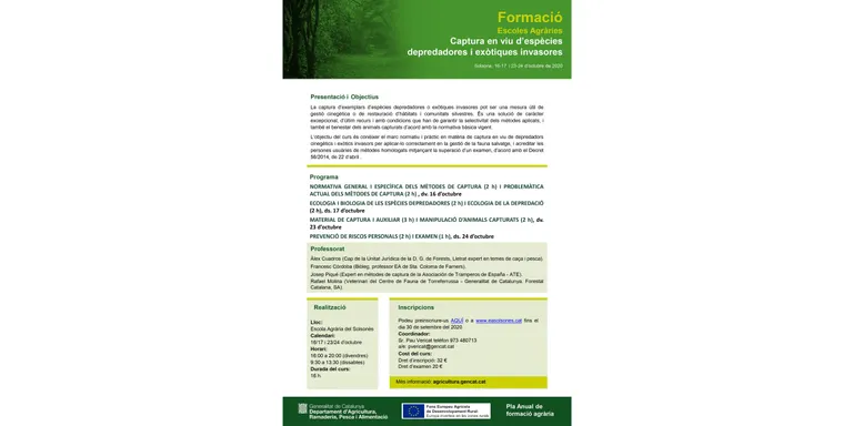 L'Escola Agrària del Solsonès obre les inscripcions de dos cursos relacionats amb el món de la caça