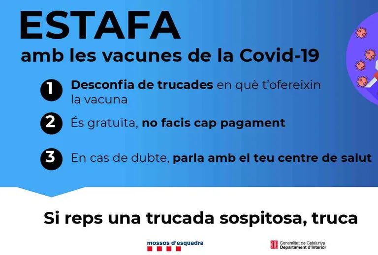 Els Mossos d'Esquadra alerten d'estafes relacionades amb la vacunació de la Covid-19