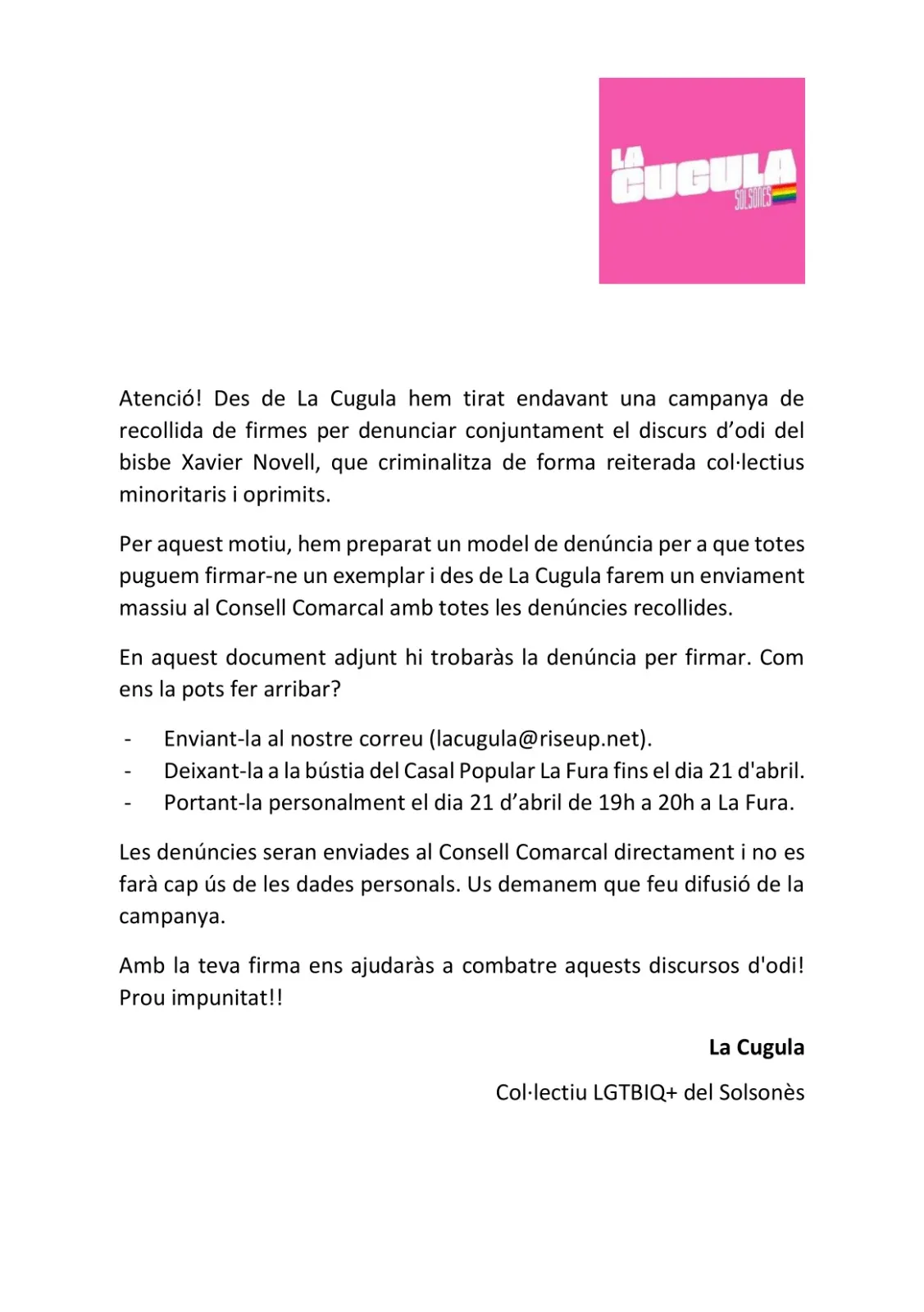 La Cugula impulsa una recollida de firmes per denunciar conjuntament el discurs d'odi del bisbe Xavier Novell