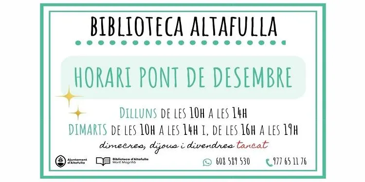 La Biblioteca d’Altafulla altera el seu horari aquesta setmana