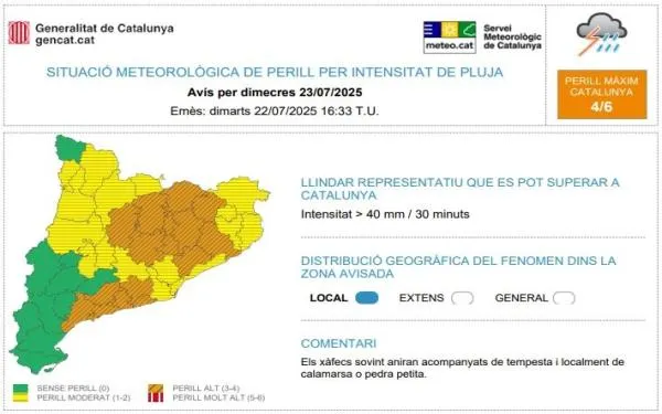 Protecció Civil activa l'alerta del Pla INUNCAT per intensitat de pluja dimecres i dijous a diversos punts del país