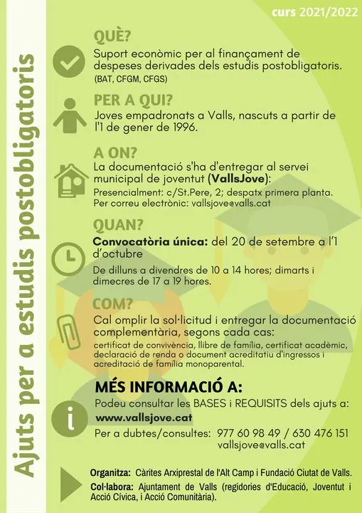 Convocatòria d’ajuts per a estudiants d’ensenyament postobligatori