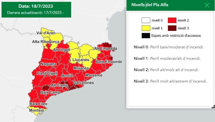 El nord-est de l’Alt Camp arriba a Pla Alfa 3 per risc d’incendi