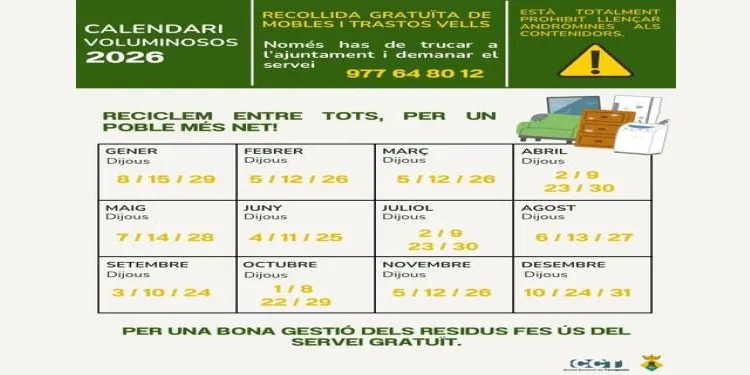 La Pobla de Montornès posa en marxa aquest dijous un nou calendari per recollir els voluminosos dels veïns