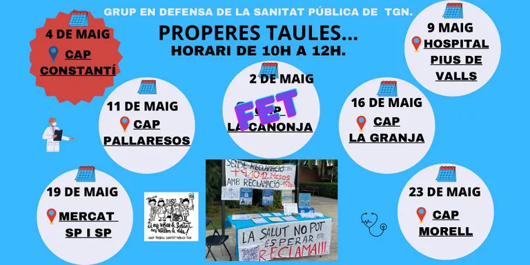 El Grup de Treball en Defensa de la Sanitat Pública instal·larà una taula al davant del CAP de Constantí per recollir reclamacions