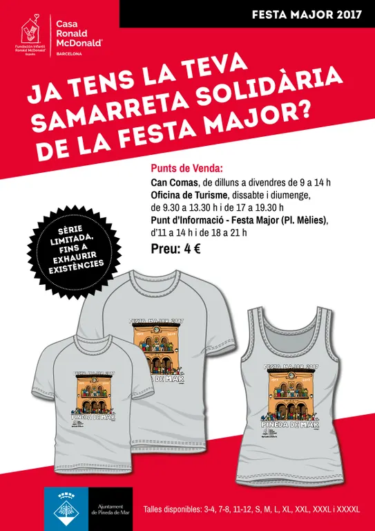 Podeu comprar la samarreta solidària de la Festa Major de Pineda 2017