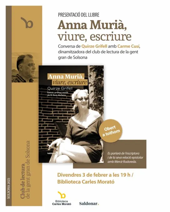 <strong>El Club de lectura de la gent gran de Solsona organitza la presentació del llibre "Anna Murià, viure, escriure"</strong>