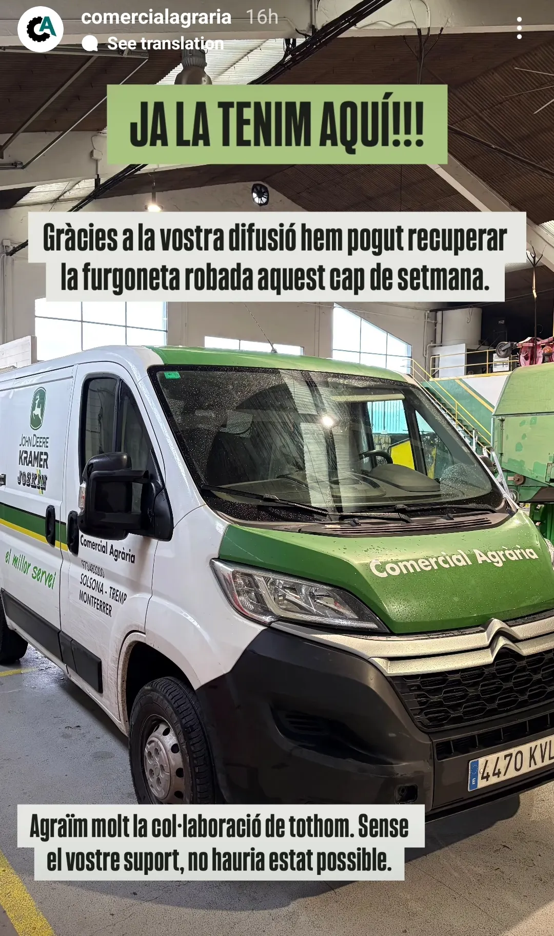 La col·laboració ciutadana permet al taller mecànic de Solsona recuperar la furgoneta robada aquest cap de setmana