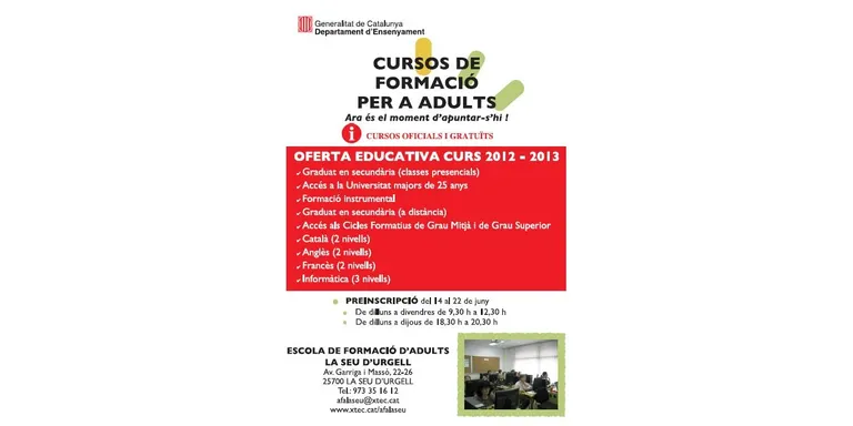 L'Aula de Formació d'Adults de la Seu obre el termini de preinscripcions