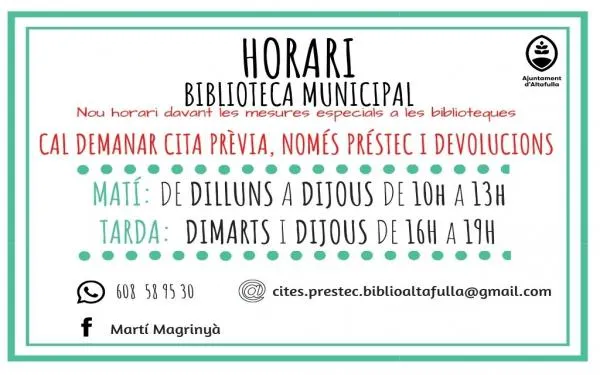 La Biblioteca d'Altafulla torna a tancar la consulta a sala com a mesura de prevenció davant la Covid