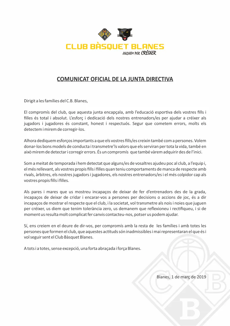 La Junta Directiva emet un comunicat dirigit a les famílies del C.B. Blanes #valors