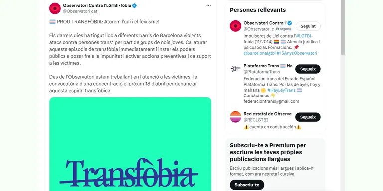Convoquen una manifestació per denunciar diversos atacs a persones trans a Barcelona