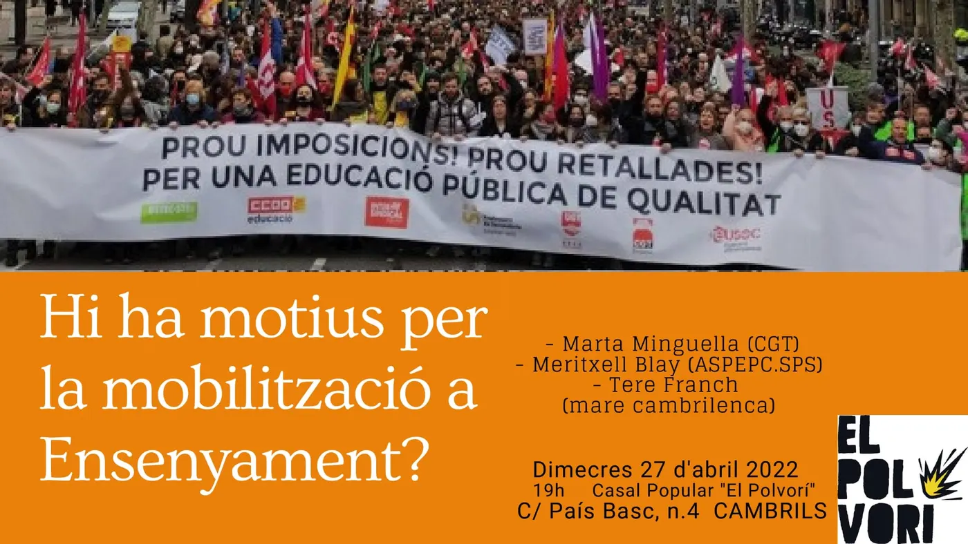 Les mobilitzacions al sector de l’ensenyament, a debat aquest dimecres a Casal El Polvorí de Cambrils