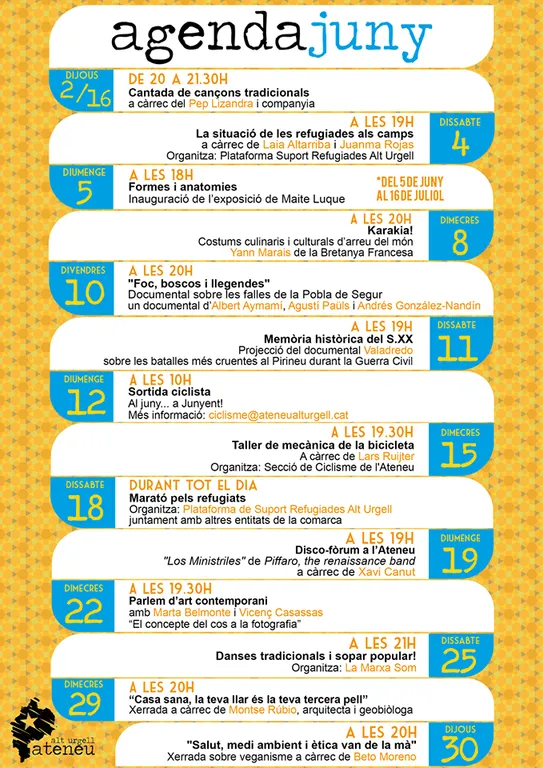 Nou programa d'activitats al mes de juny a l'Ateneu Alt Urgell