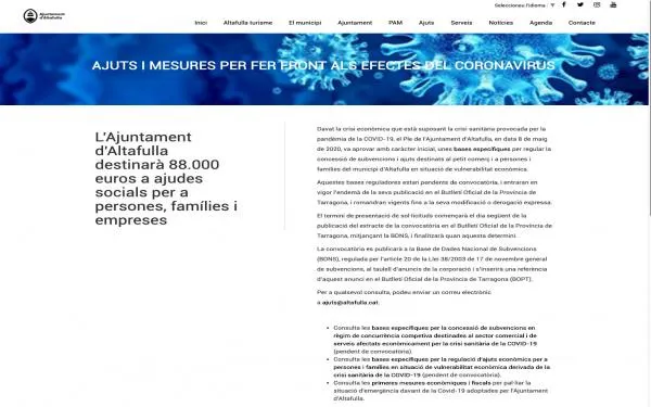 L’Ajuntament d’Altafulla facilita l’accés a les ajudes que ofereix el consistori per la crisi del coronavirus a través de la seva pàgina web