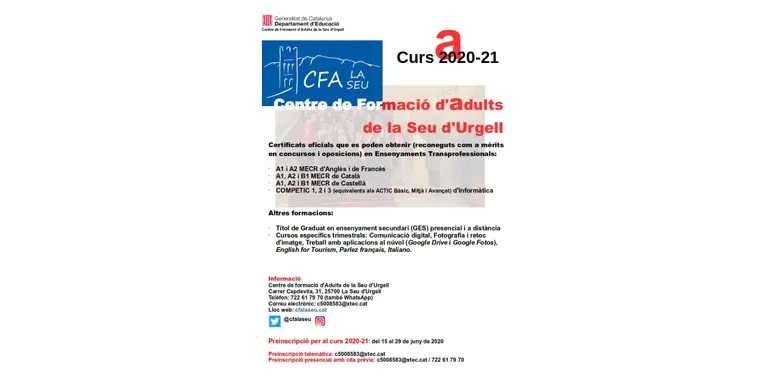 El Centre de Formació d’Adults de la Seu d’Urgell obre inscripcions per al curs 2020-2021