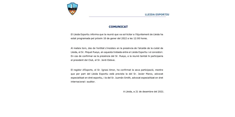 La junta del Lleida Esportiu es reuneix amb la Paeria per evitar el desnonament