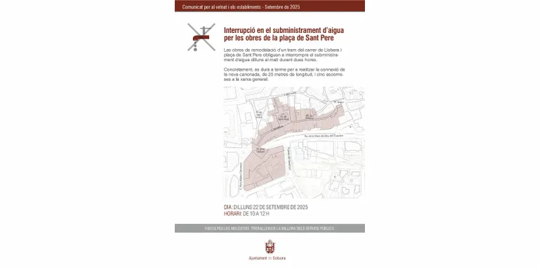Dilluns al matí hi haurà un tall d'aigua per les obres de la plaça de Sant Pere