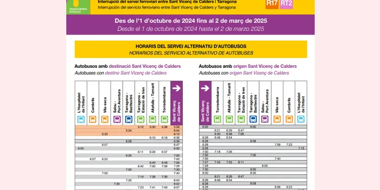 Rodalies Catalunya publica els horaris dels busos pel tall del túnel de Roda