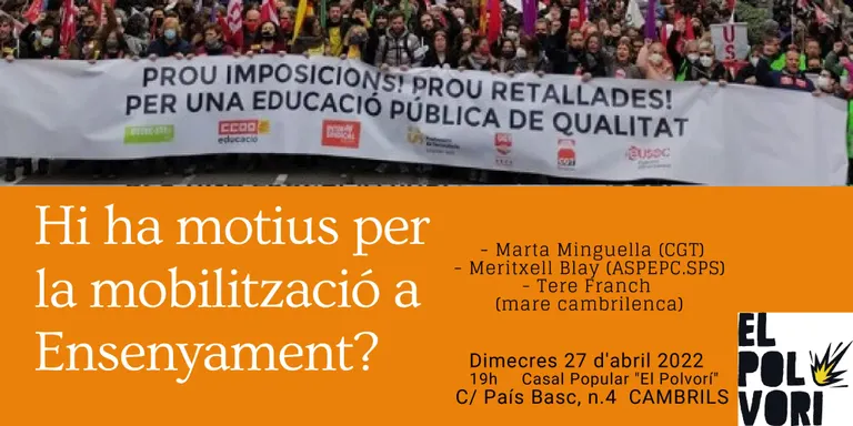 Les mobilitzacions al sector de l’ensenyament, a debat aquest dimecres a Casal El Polvorí de Cambrils