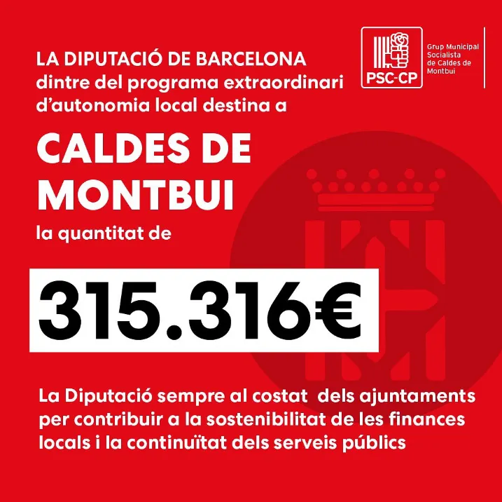 La Diputació destina més de 315.000 euros a Caldes per ajudar l’Ajuntament a tancar l’any sense dèficit