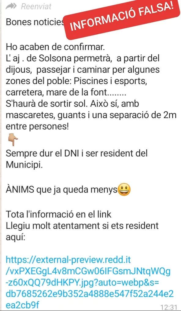 L'Aj.Solsona adverteix d'una notícia falsa que circula per WhatsApp explicant mesures d'aixecament del confinament