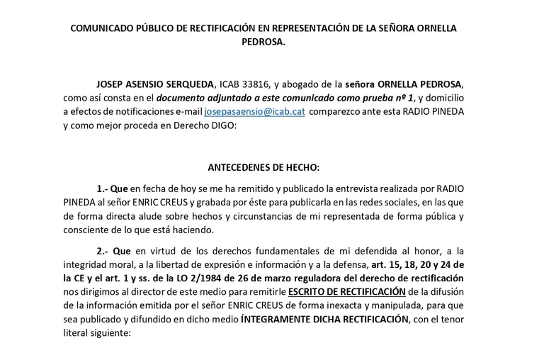 Comunicat que ha fet públic l'advocat d'Ornella Pedrosa en resposta a Enric Creus
