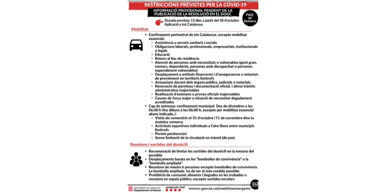 El govern tanca perimetralment Catalunya i estableix el confinament municipal en caps de setmana