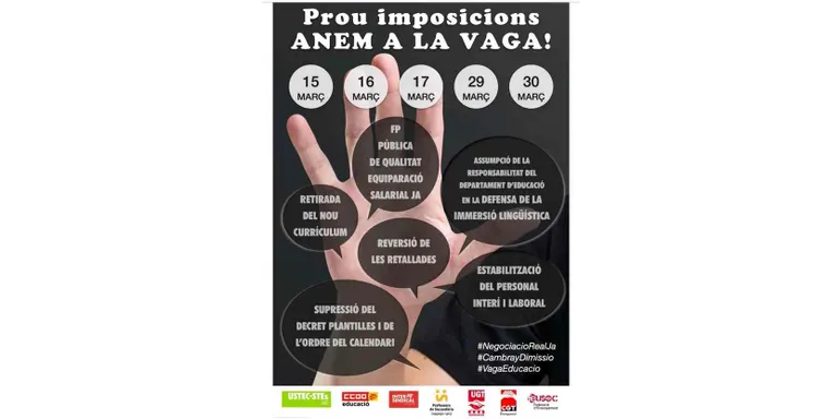 Els sindicats convoquen vaga a l'ensenyament els dies 15,16,17, 23, 29 i 30 de març