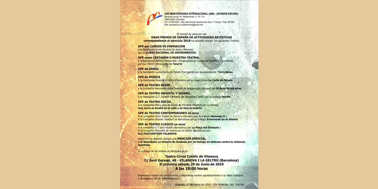 El Concurs de teatre amateur, de Caldes de Montbui és distingit en el dia mundial del teatre, per Ars Mediterranean Network, amb el premi Gran Premio de España de Actividades Artísticas 2018