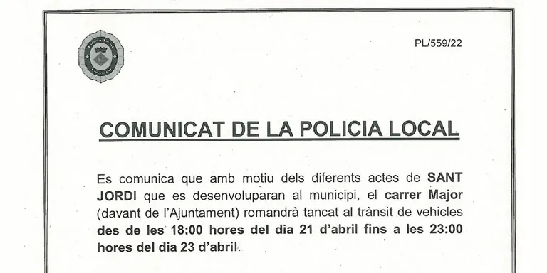 Afectacions viàries amb motiu dels actes culturals i la Diada de Sant Jordi