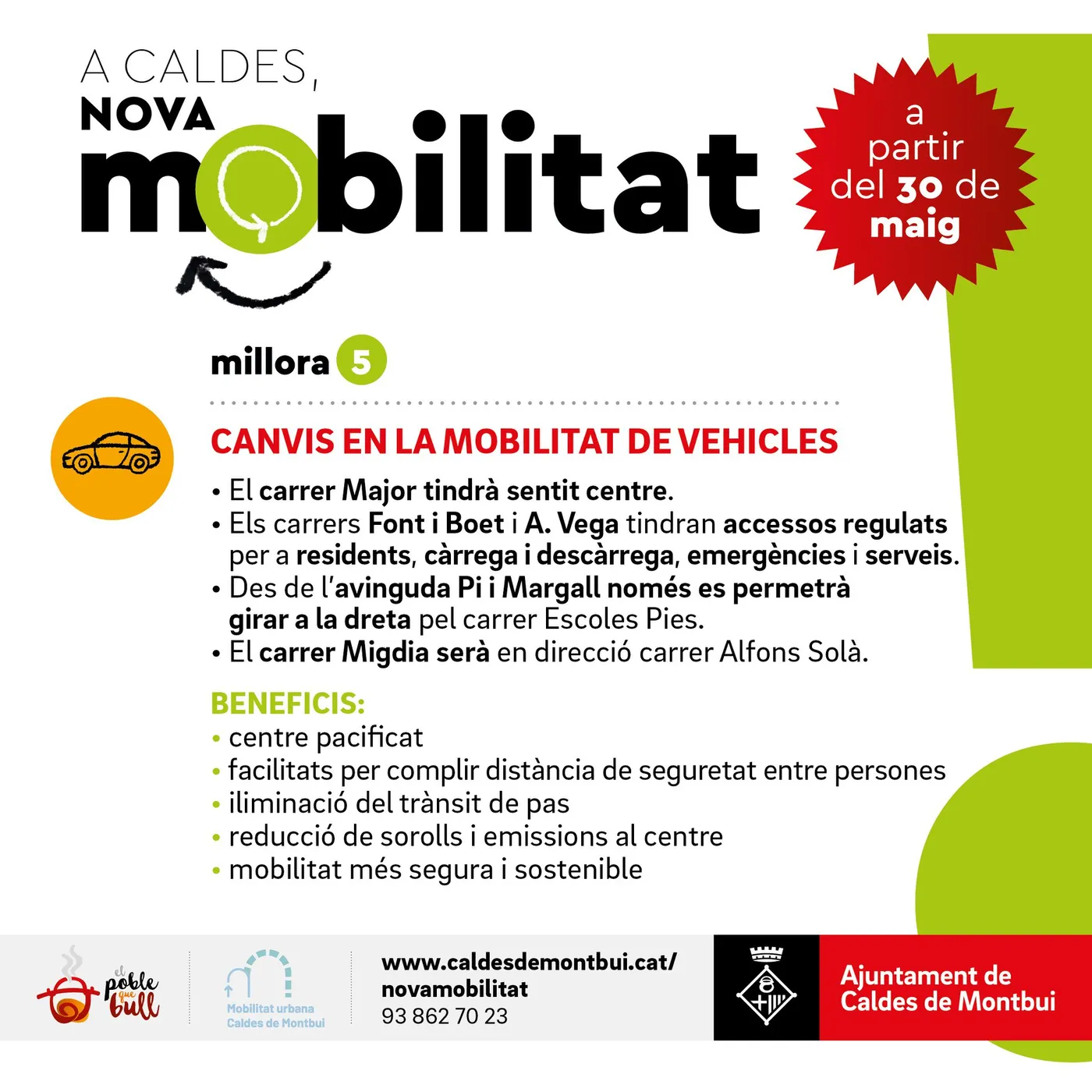 El nou Pla de Mobilitat redueix el trànsit al centre de Caldes