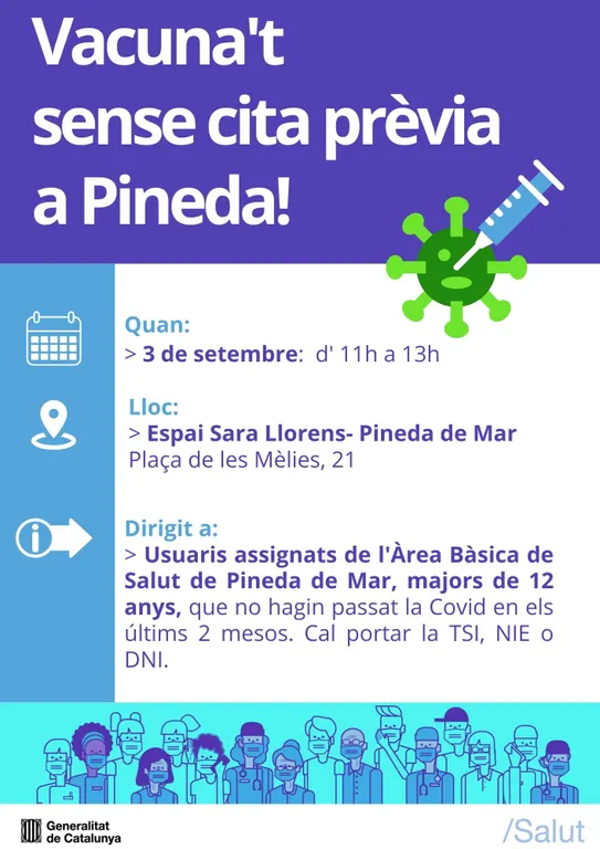 Divendres, 3 de setembre, nova jornada de vacunació a Pineda sense cita prèvia