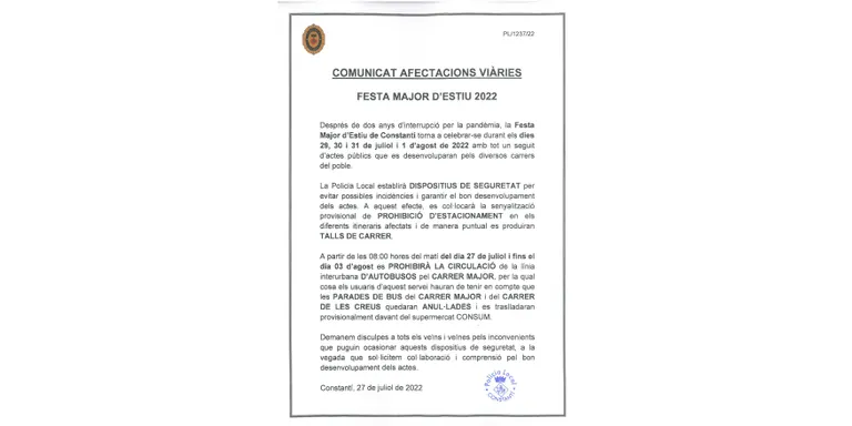 Afectacions viàries amb motiu dels actes de la Festa Major d'estiu de Constantí