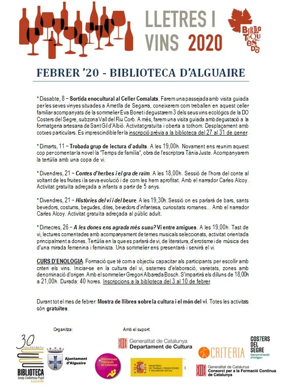 Els usuaris de la biblioteca d'Alguaire, al Segrià, s'apropen a la denominació d'origen Costers del Segre en el marc del projecte ‘Biblioteques amb DO’