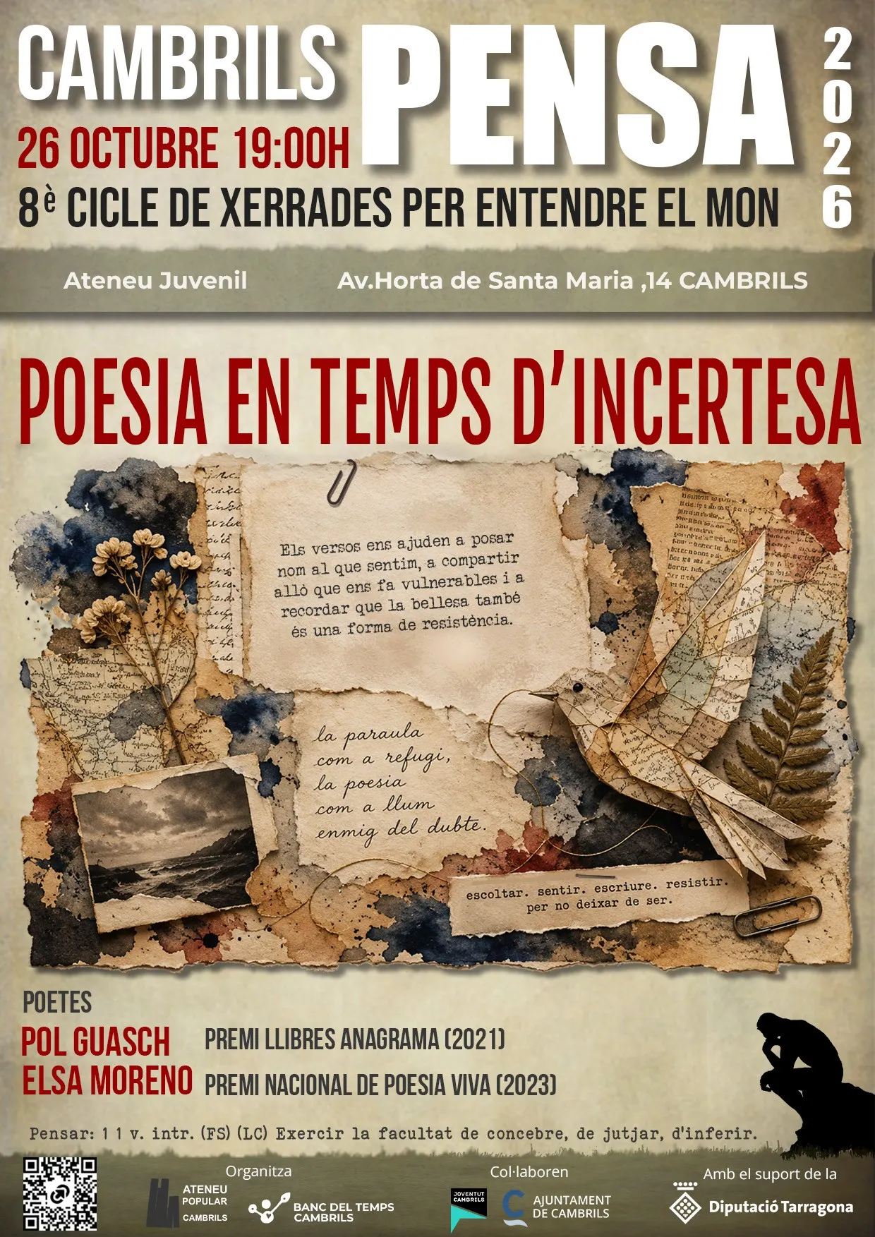 El cicle ‘Cambrils Pensa’ convida la ciutadania al recital ‘Poesia en temps d’incertesa’ que es farà avui a l’Ateneu Juvenil