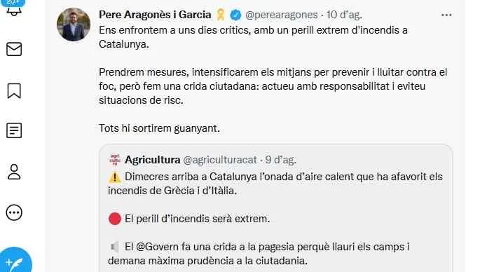 El President de Catalunya, Pere Aragonès avisa que venen "dies crítics, amb un perill extrem" per l'onada de calor