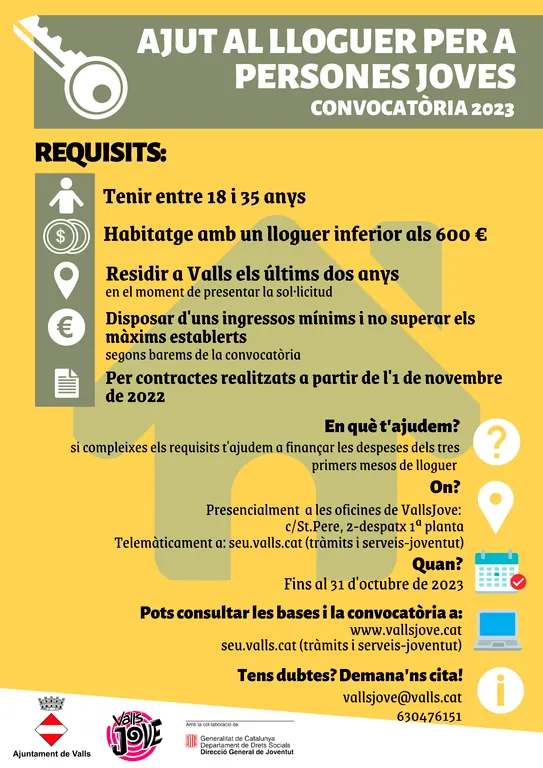 Oberta la convocatòria d’ajuts per l’accés dels joves a l’habitatge de lloguer